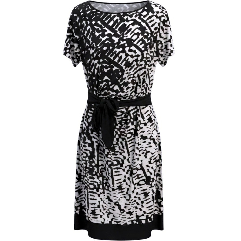 Alfani ~ Black/White Abstract Geometric Midi Dress ~‎ Tie Waist ~ Size Large